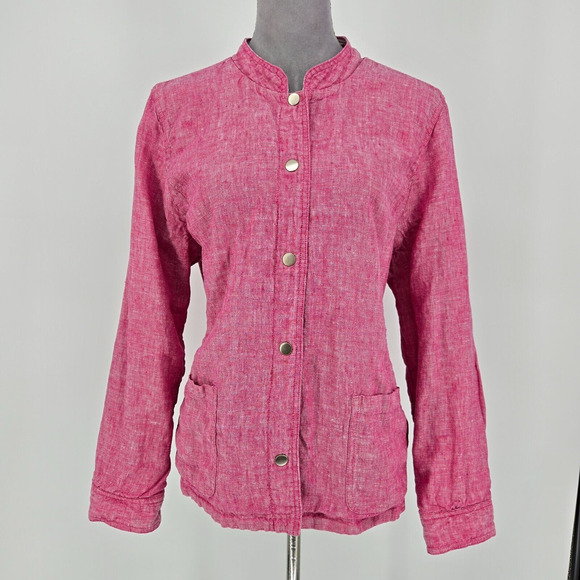 Chicos Jacket 3 Womens XL Linen Blend Reversible Pink White Stripe Snaps Beach - Picture 2 of 16